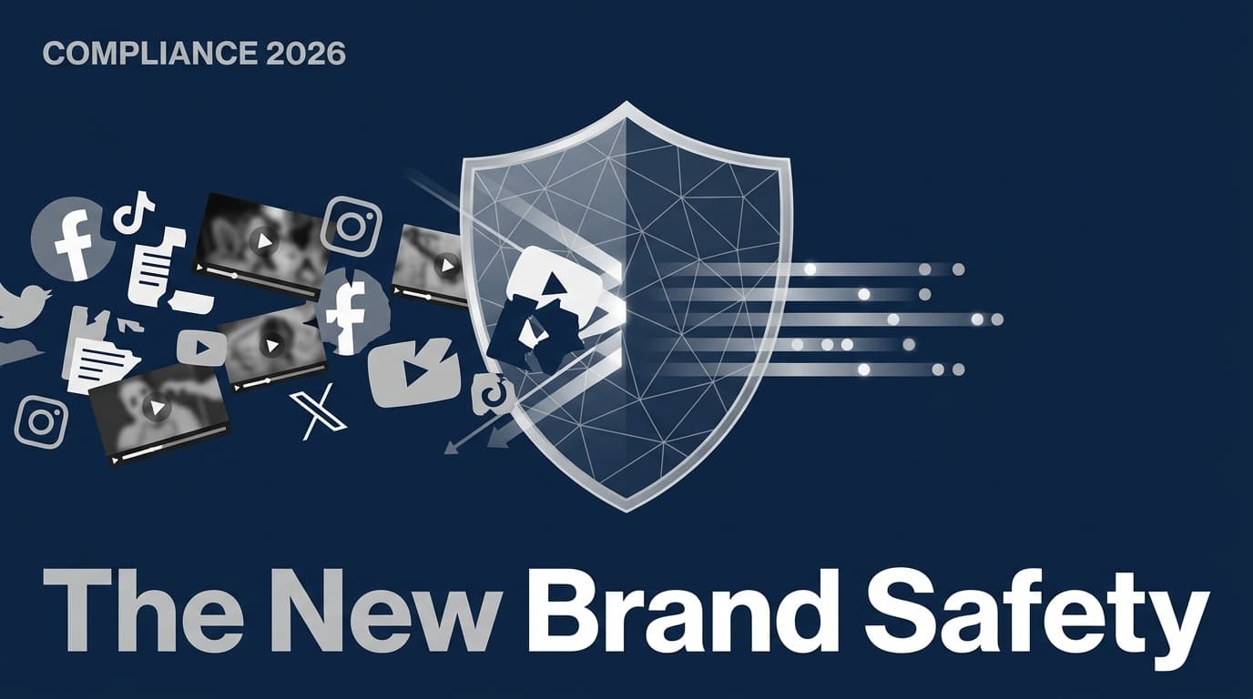 A digital shield protecting a brand from a stream of social media content, symbolizing new governance laws.