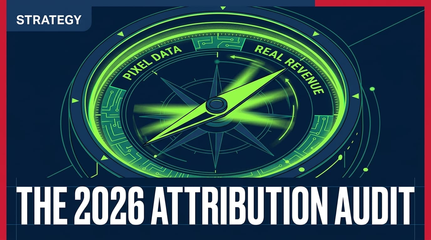 A digital compass needle spinning between pixel data and real revenue, symbolizing the shift in marketing measurement.