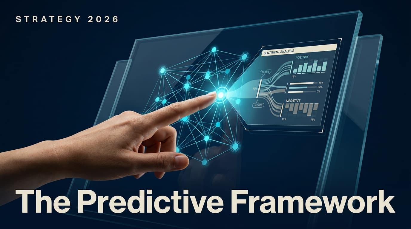 A futuristic digital interface showing social media data nodes and sentiment charts, representing predictive social intelligence.