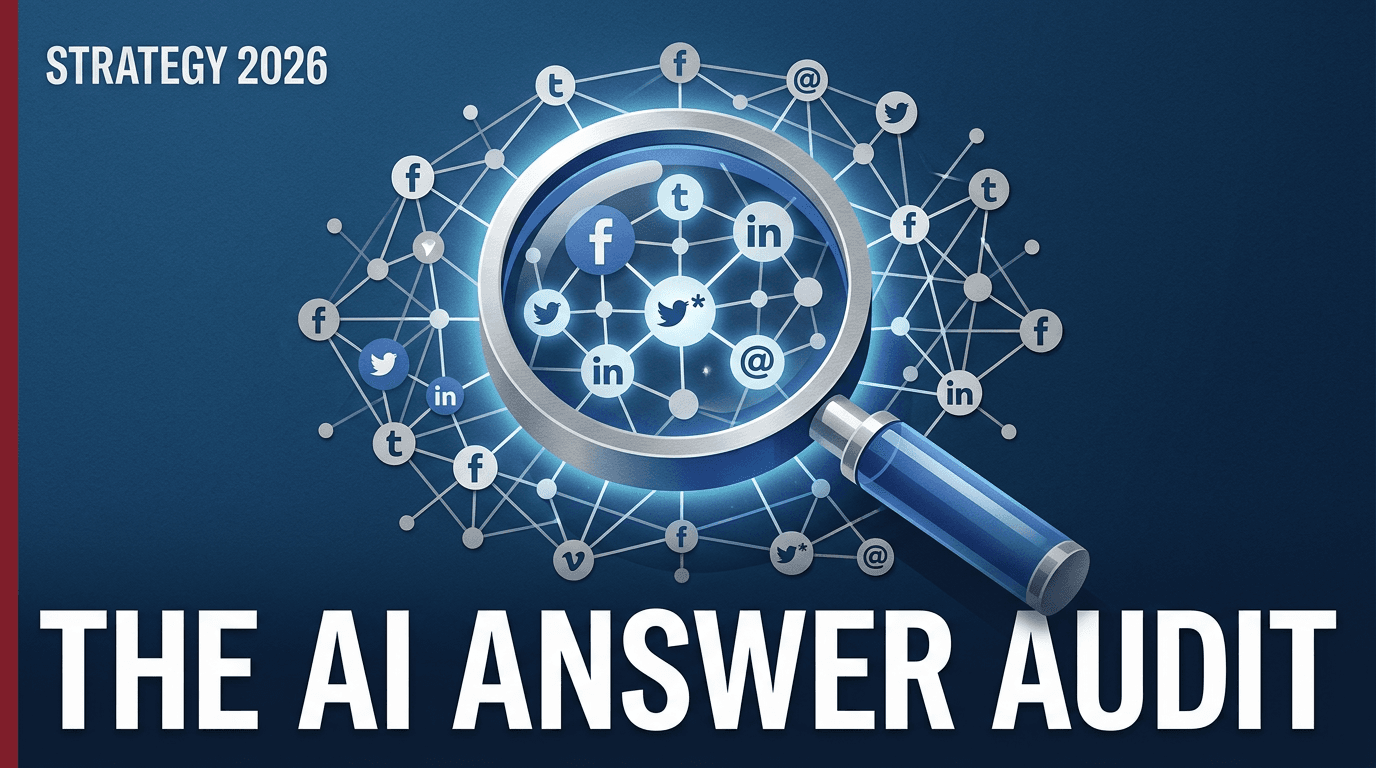 A futuristic magnifying glass examining a digital network of social media and AI data nodes.
