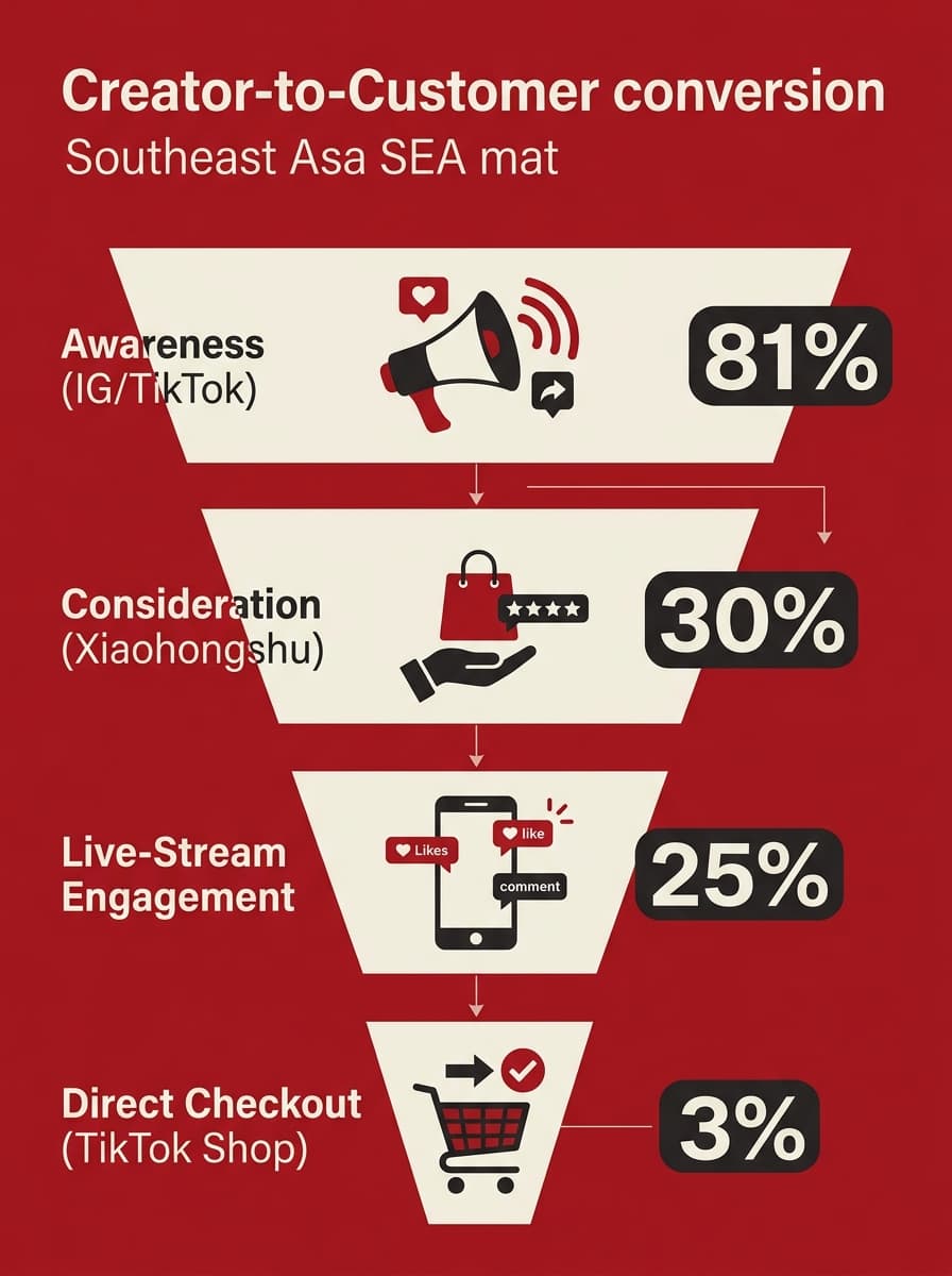An infographic showing the conversion funnel from social awareness to TikTok Shop checkout in Southeast Asia.