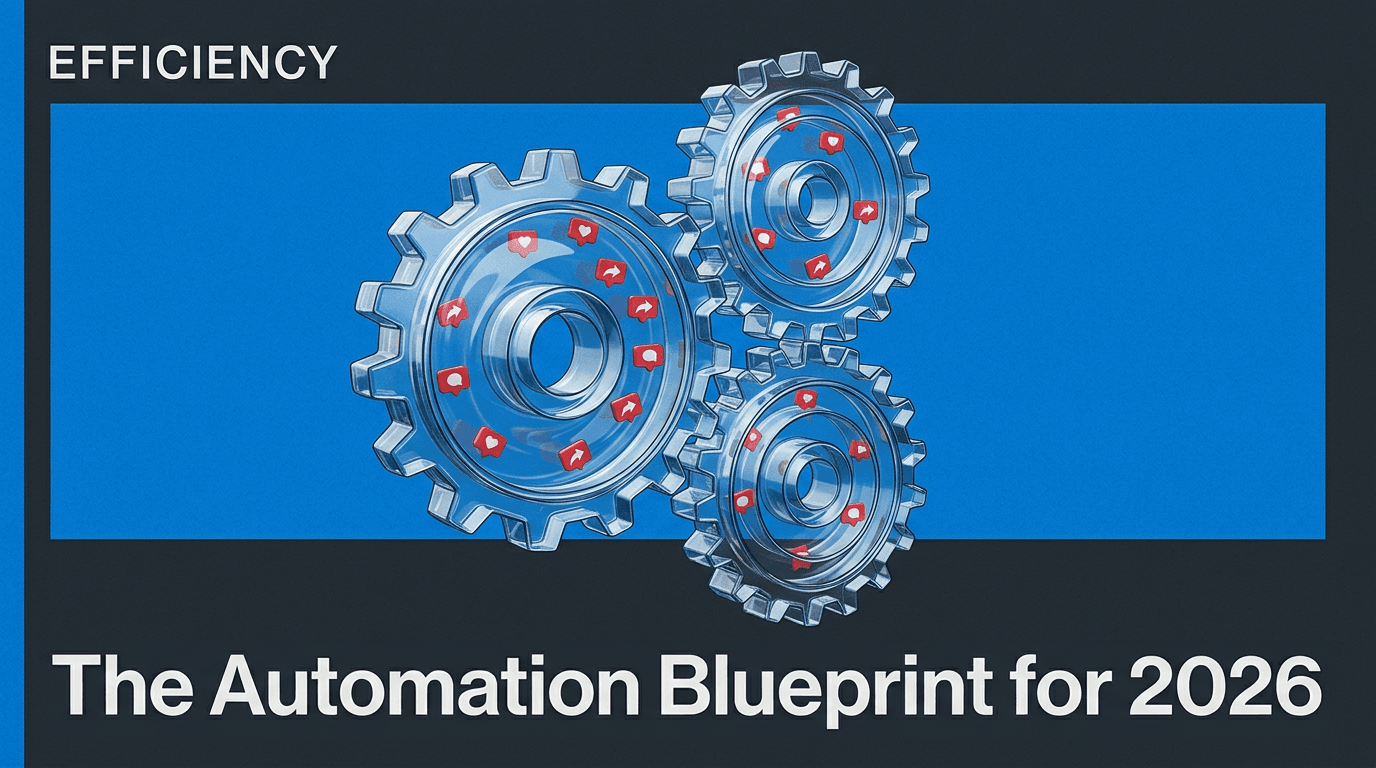 A conceptual 3D illustration of gears representing social media automation systems.
