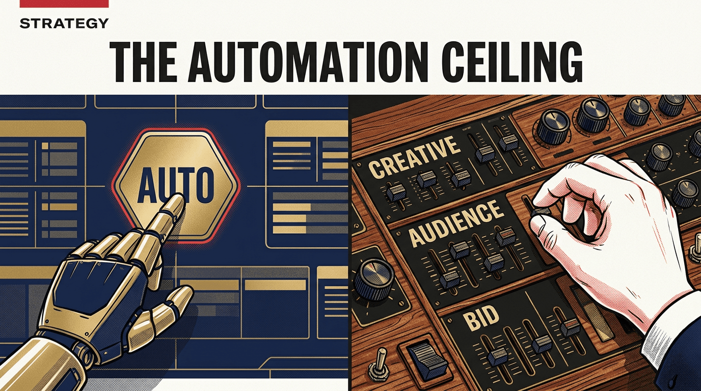 A conceptual illustration comparing automated ad management with manual strategic control.