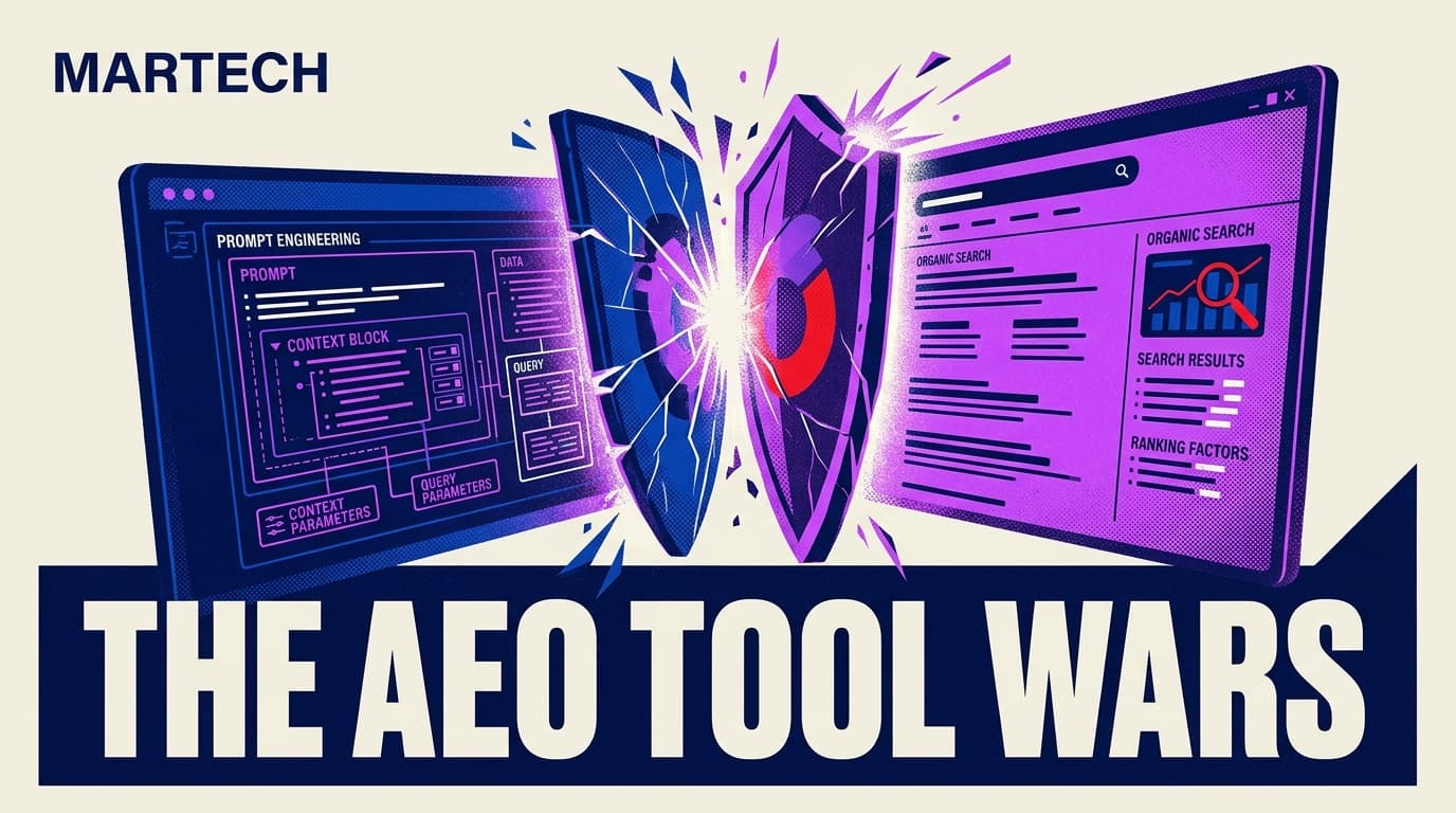 An editorial illustration representing the competition between Answer Engine Optimization tools.