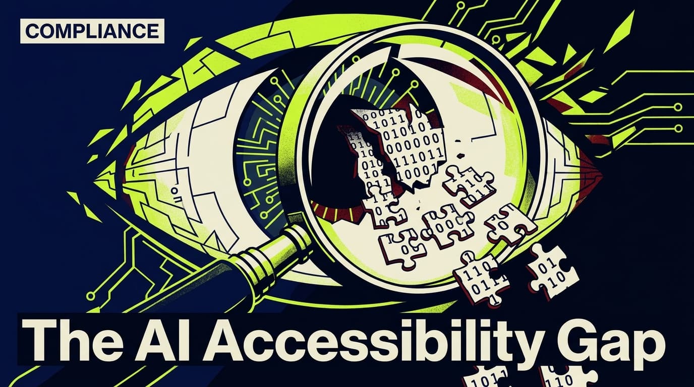 An editorial illustration symbolizing the scrutiny of AI content for accessibility compliance.