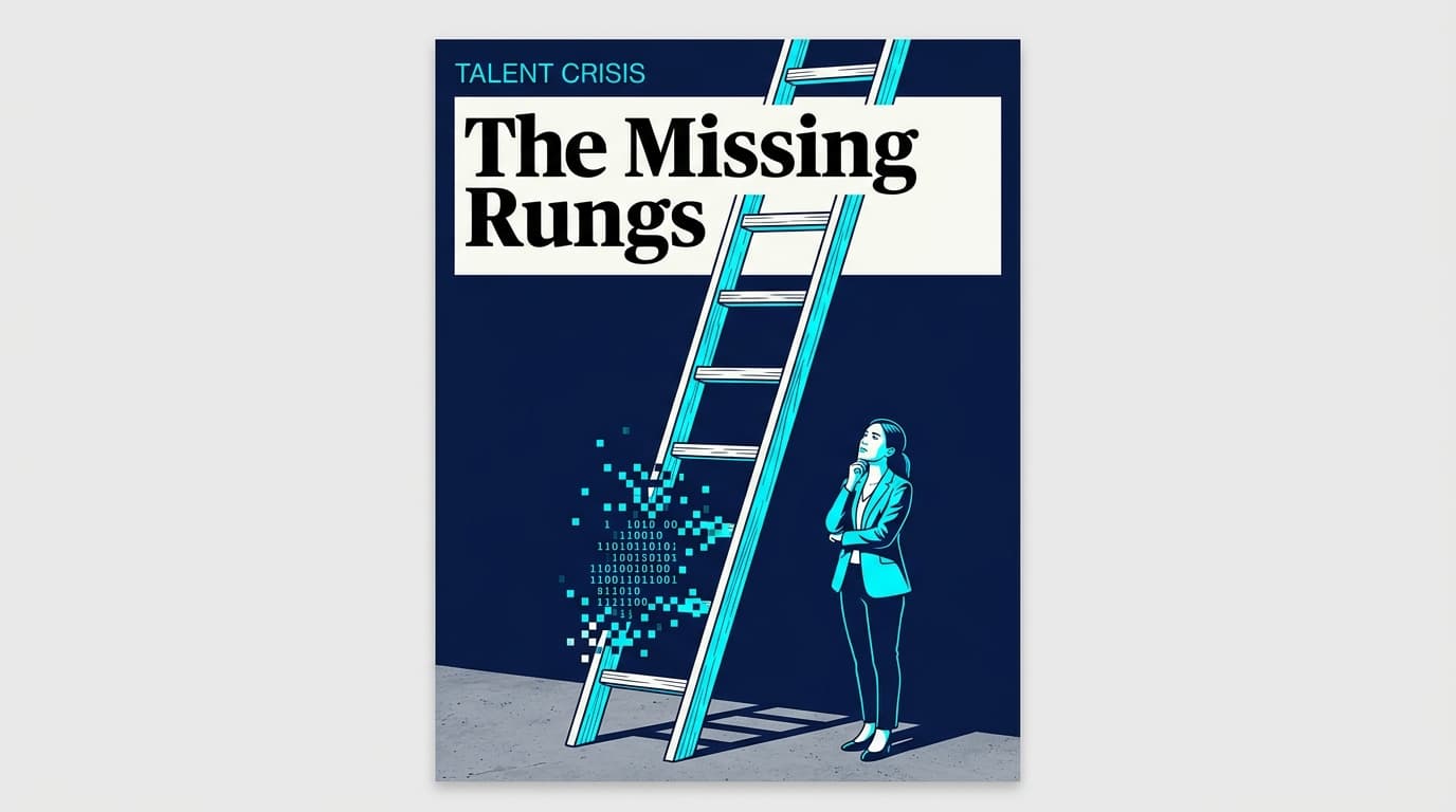 A conceptual illustration of a ladder with its bottom rungs turning into digital pixels, symbolizing the loss of entry-level marketing roles.