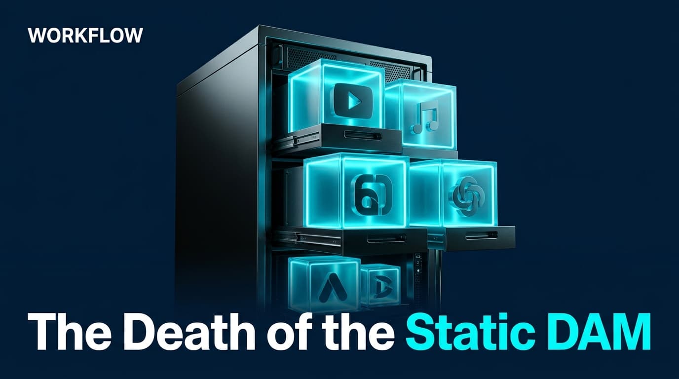 A futuristic representation of a digital asset management system as a glowing, active engine rather than a static storage unit.