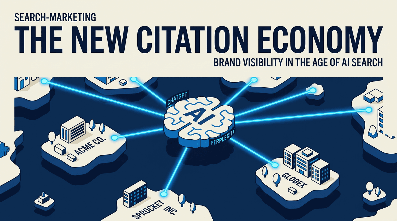A conceptual illustration showing how AI models connect to different brand sources via citations.