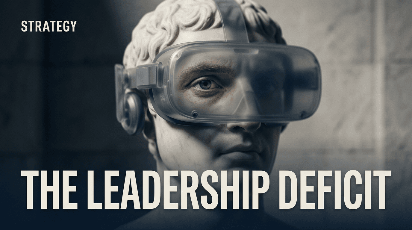 A classical marble statue wearing a modern VR headset, symbolizing the intersection of traditional leadership and modern technology.