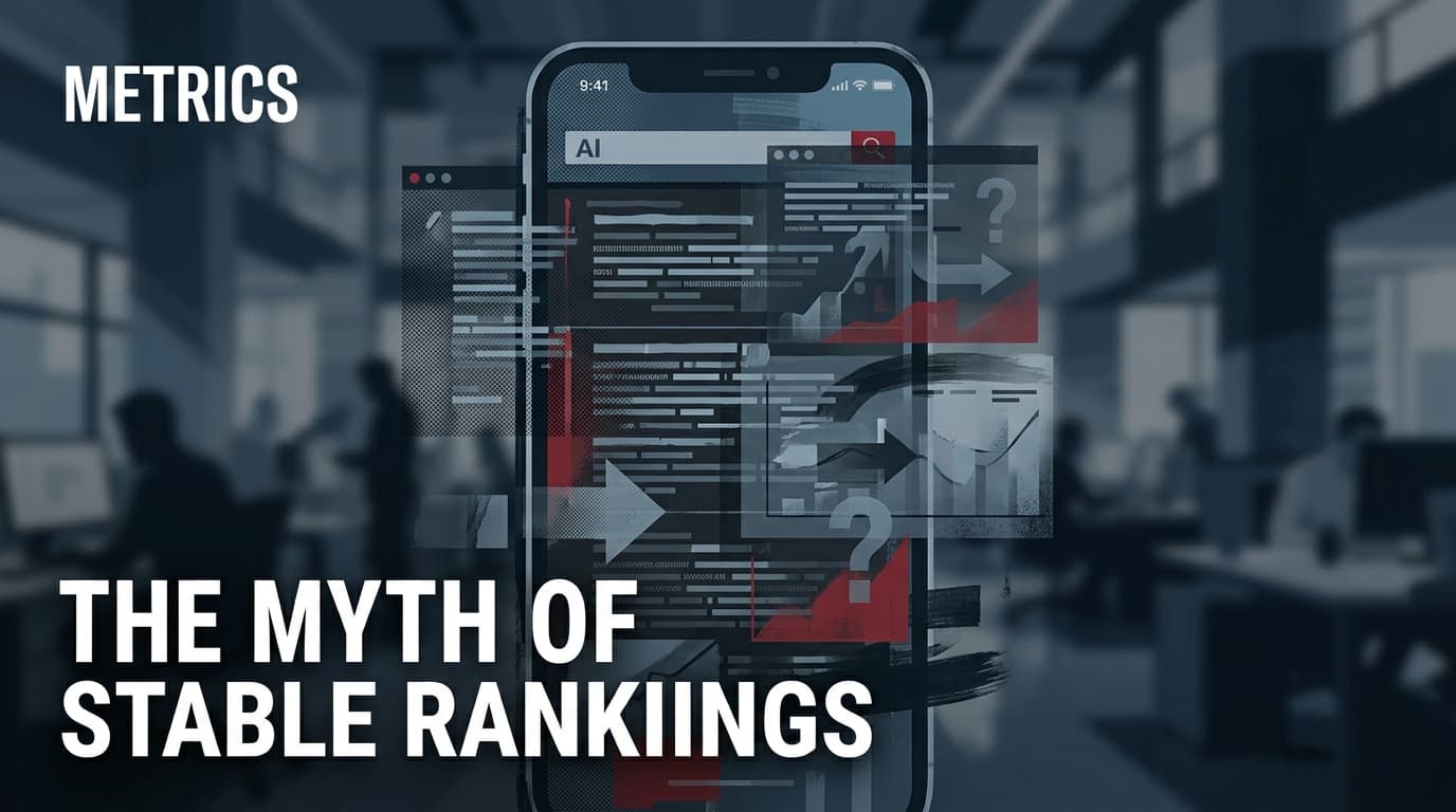A smartphone displaying a layered, translucent AI search interface with a headline about ranking instability.