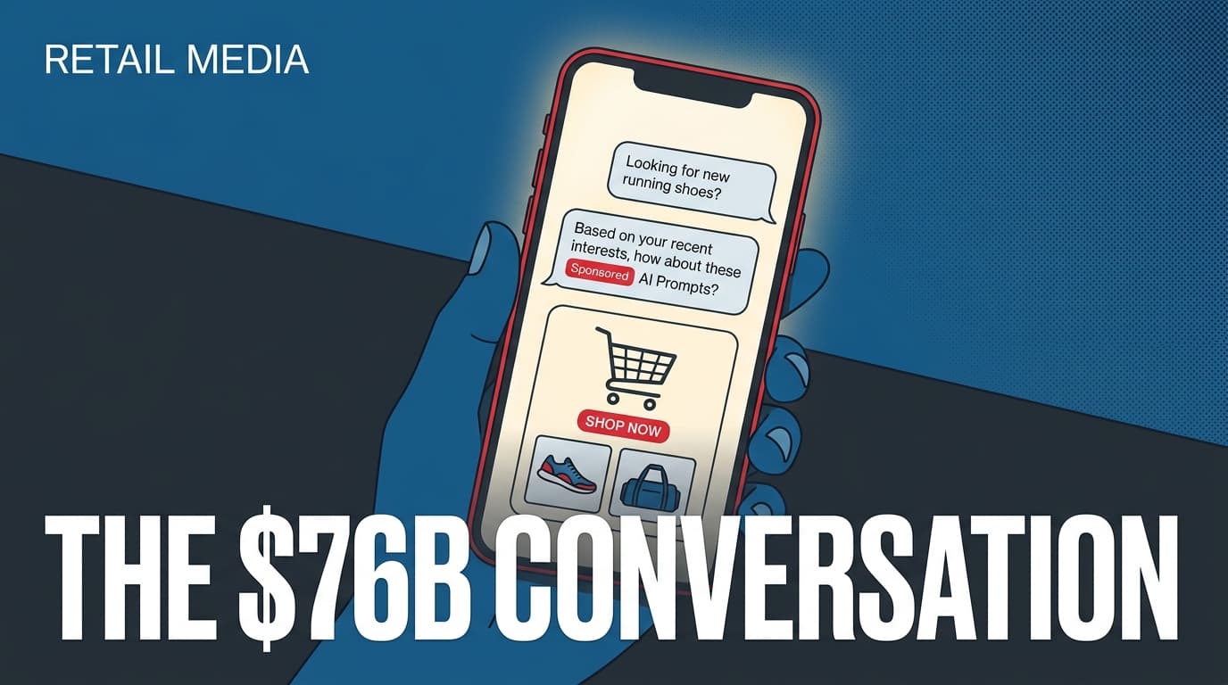 A smartphone showing a conversational shopping AI interface with a headline about Amazon's $76 billion ad revenue.