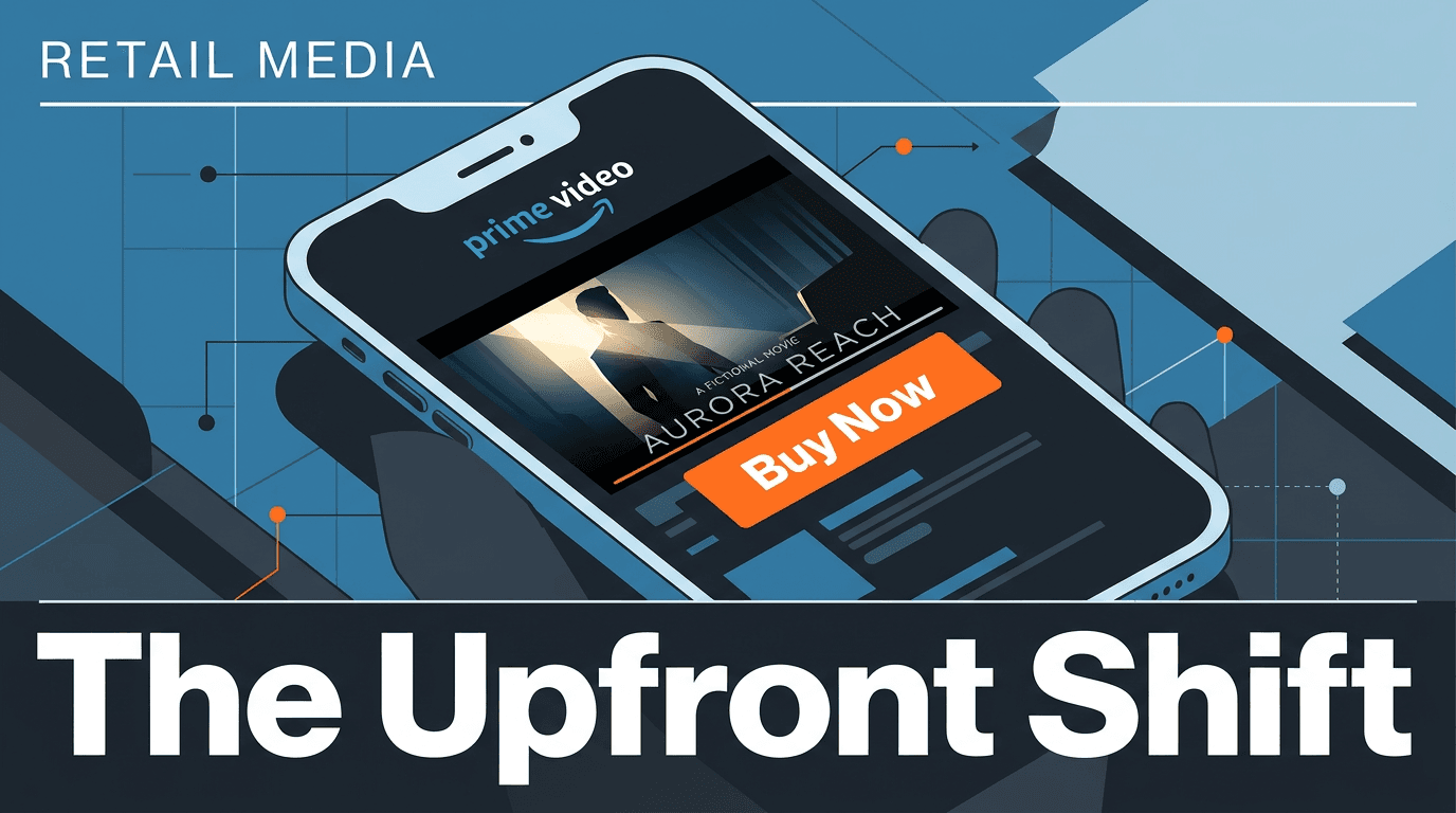 A conceptual magazine cover showing the integration of video advertising and direct commerce on a smartphone.