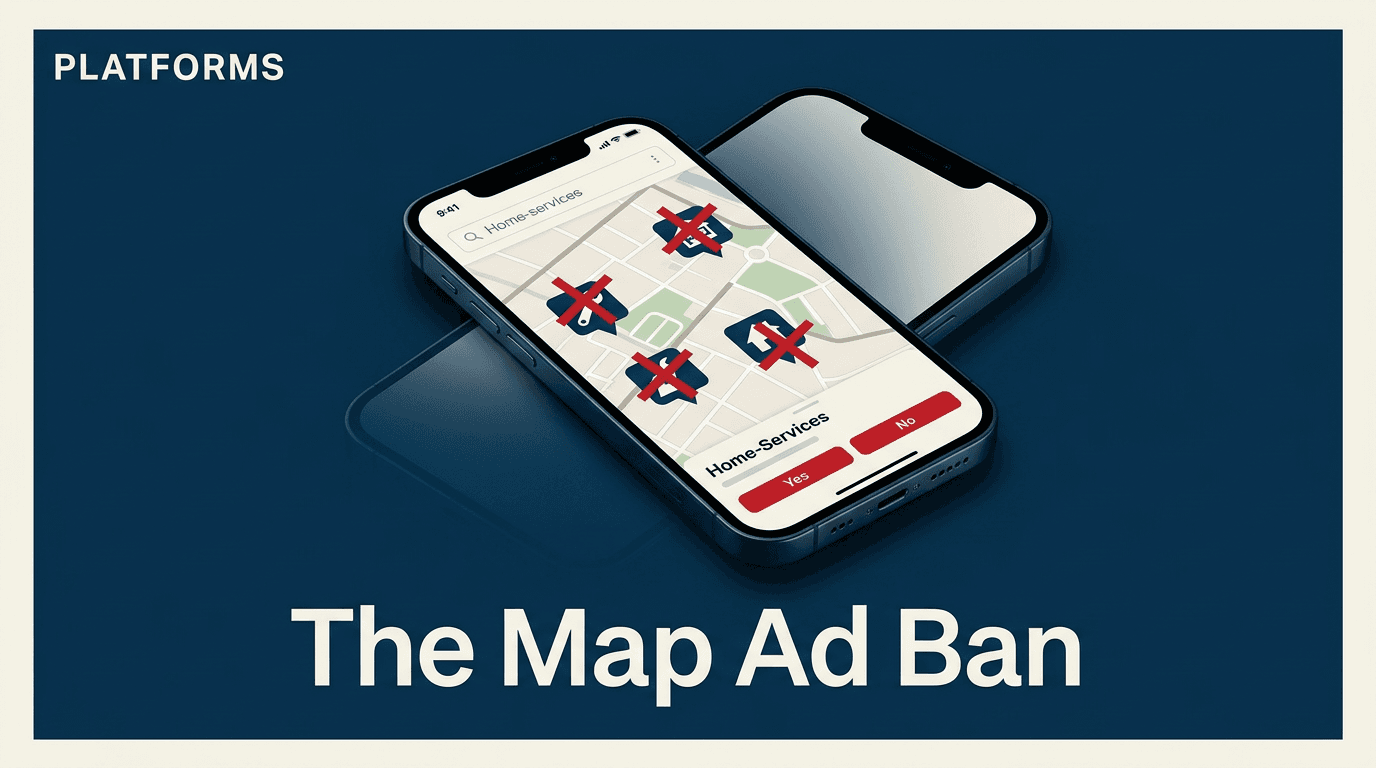 A smartphone showing a map with restricted service icons, symbolizing Apple's ad ban.