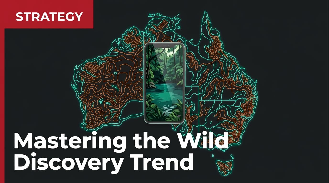 A stylized graphic showing a smartphone overlaying a map of Australia, representing social media discovery.