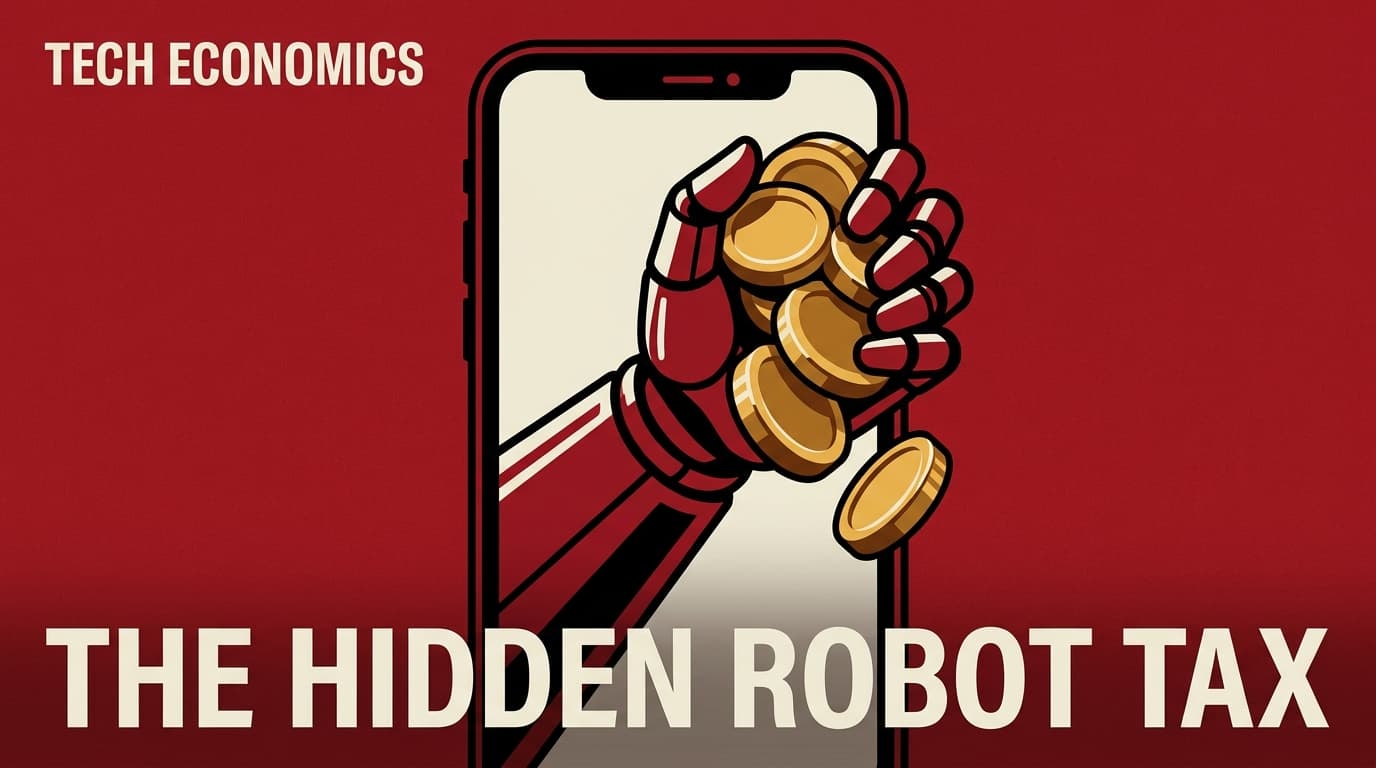 A conceptual illustration of a robot arm taking money from a marketing budget, symbolizing the high cost of AI APIs.