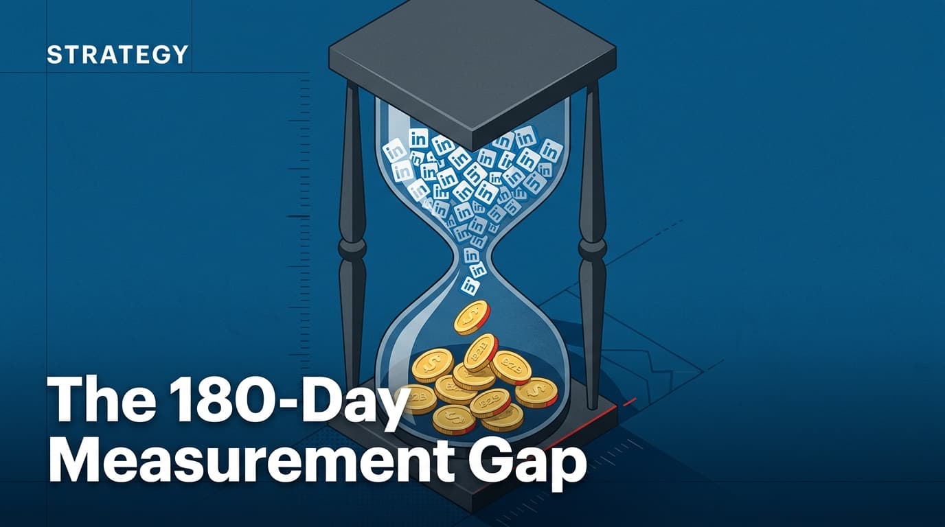 A conceptual illustration of an hourglass showing the long time gap between social media engagement and revenue.