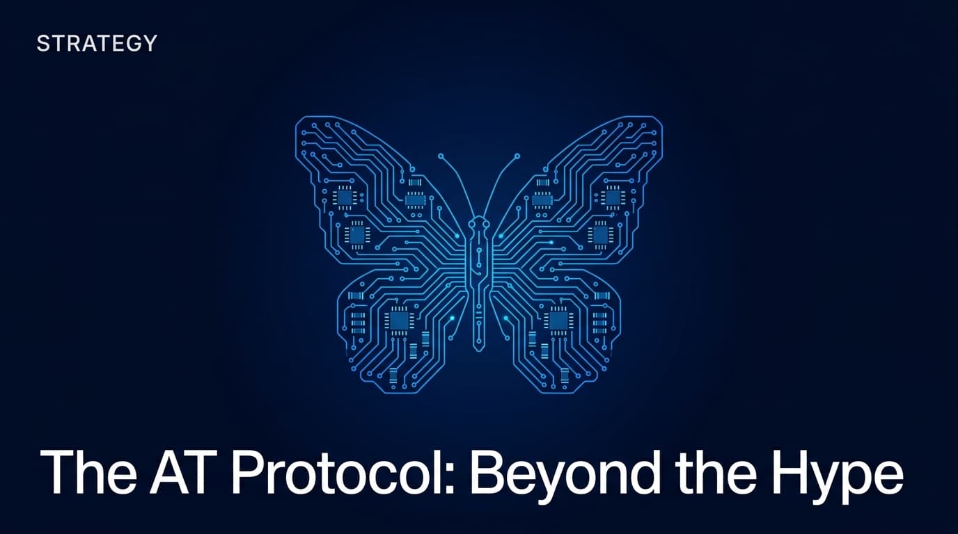 A digital illustration of a glowing blue butterfly representing Bluesky and the AT Protocol.