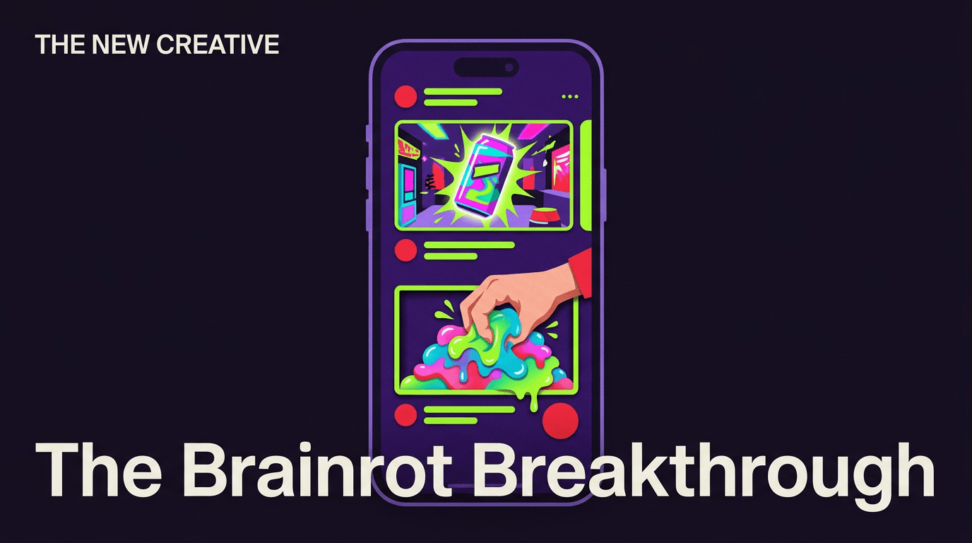 A smartphone displaying a split-screen video ad with high-stimulation content, styled like a modern marketing magazine cover.