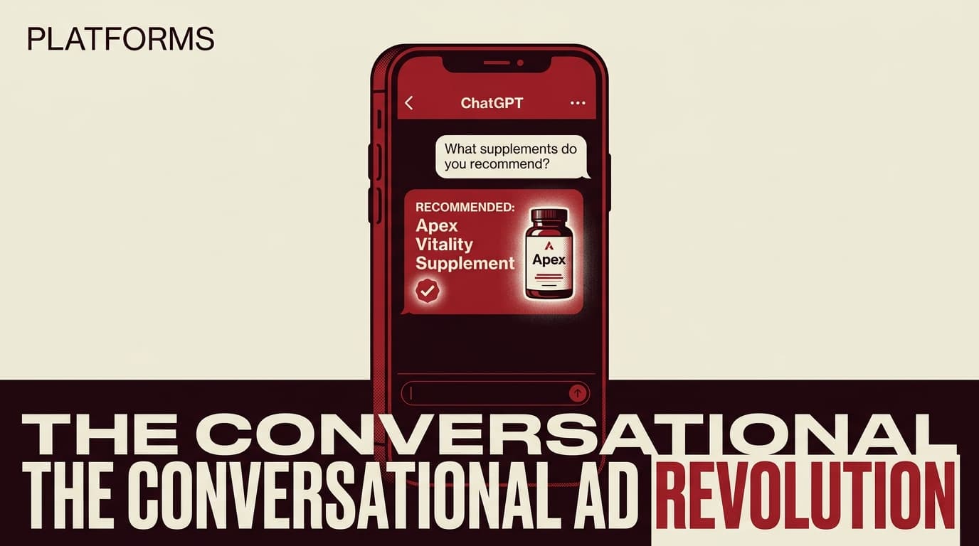 A smartphone showing a ChatGPT conversation with a sponsored brand recommendation.