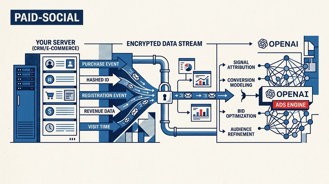 A technical diagram showing how server-side conversion data flows from a brand's CRM to the OpenAI Ads engine.