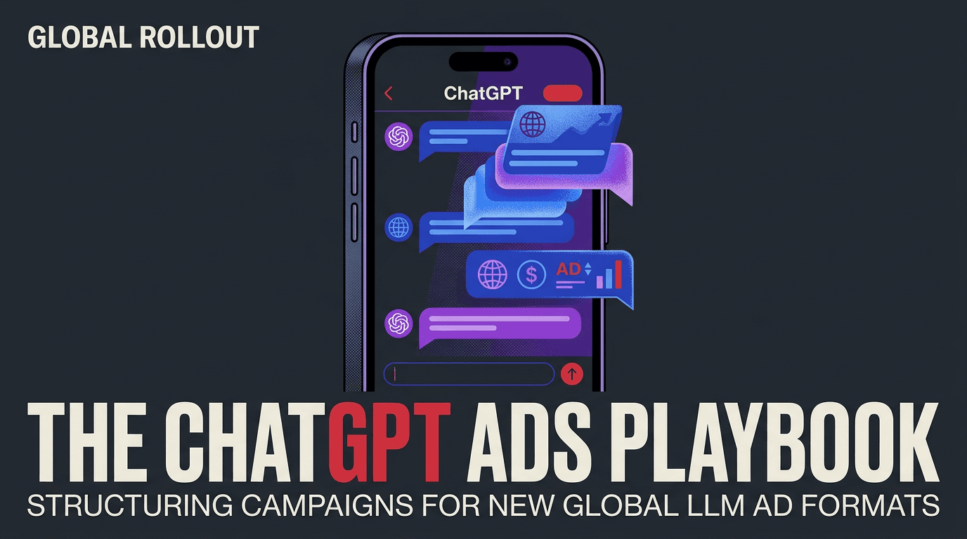 A conceptual magazine cover showing a smartphone with a stylized AI conversation interface and the headline The ChatGPT Ads Playbook.