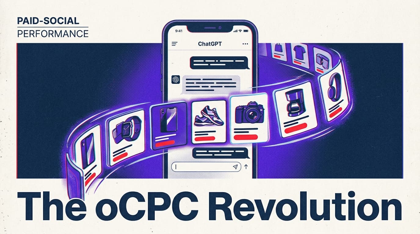 A smartphone showing a ChatGPT interface with a product carousel being highlighted, symbolizing the shift to performance ads.