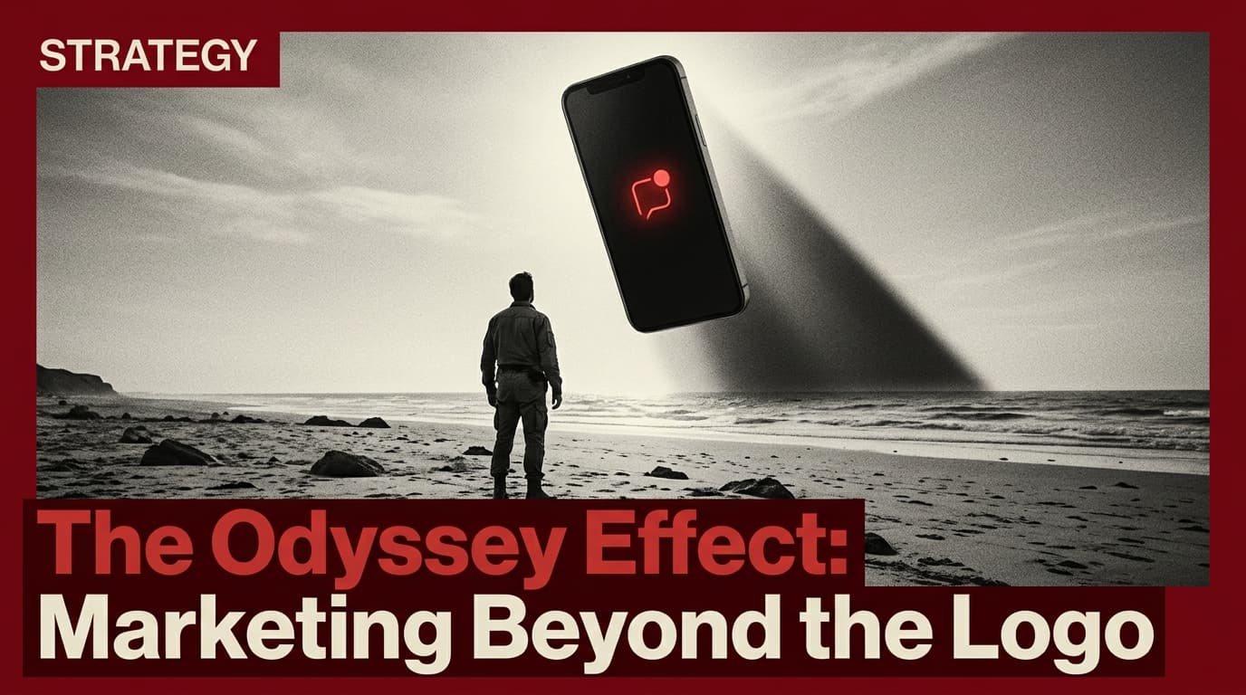 A cinematic editorial illustration representing the Christopher Nolan Odyssey marketing trend.