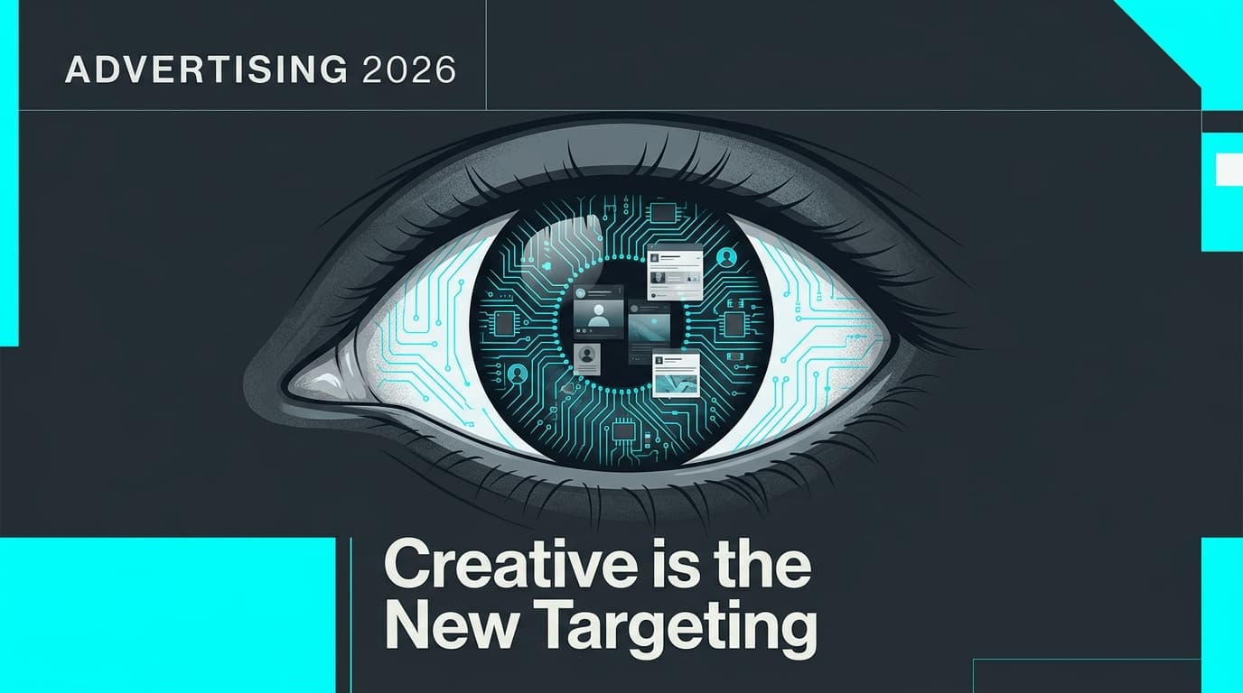 A futuristic graphic showing a human eye reflecting a digital social media feed, symbolizing the shift to algorithmic targeting.
