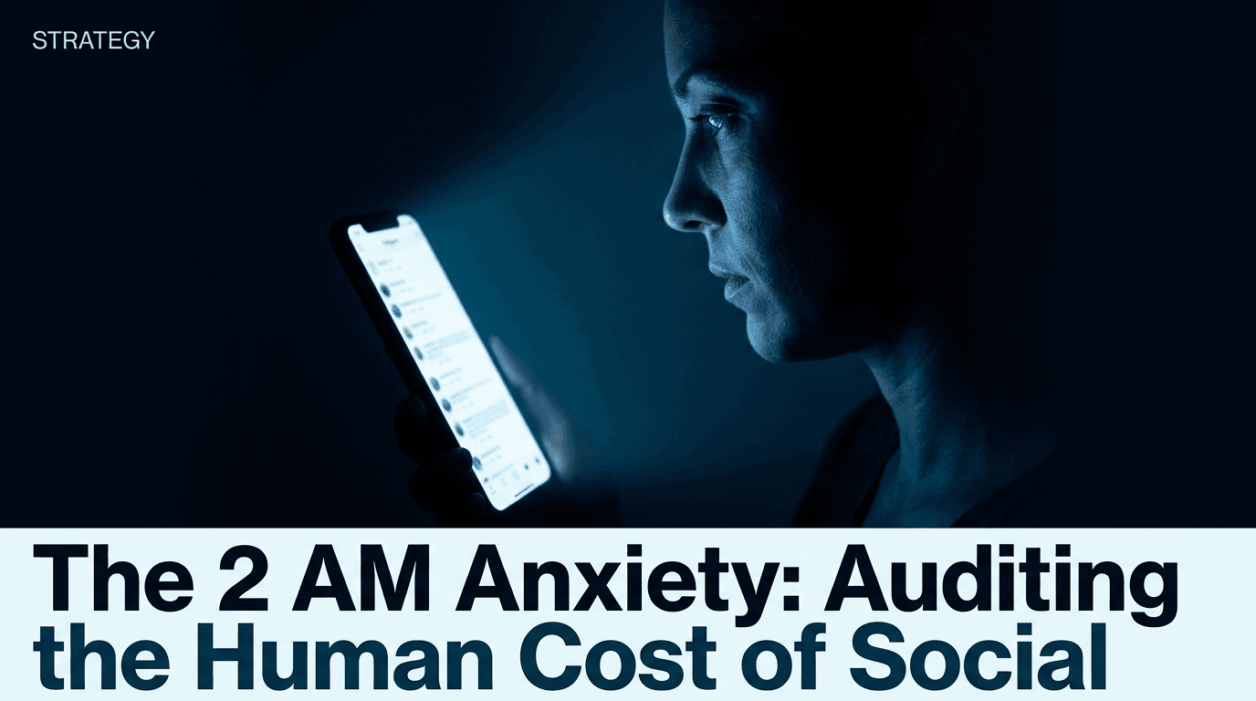 A person in silhouette looking at a glowing smartphone in a dark room, representing the late-night stress of social media management.