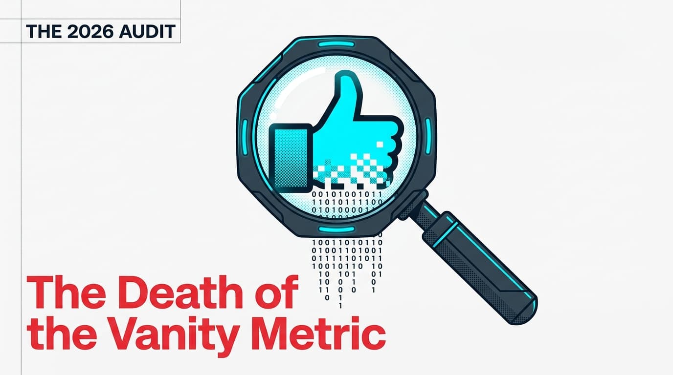 A magnifying glass inspecting a social media like icon, revealing digital code underneath, symbolizing a contract audit for bot fraud.