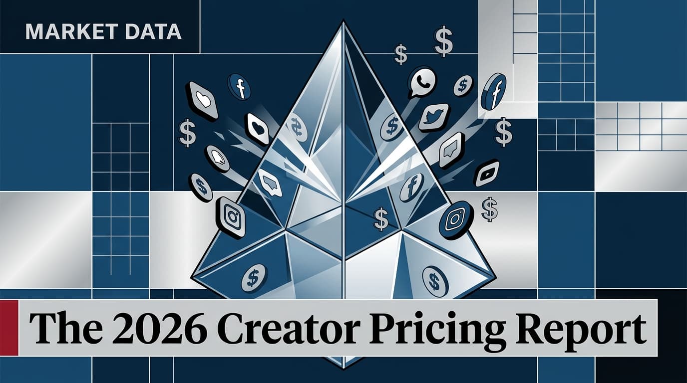 A professional editorial illustration representing the 2026 creator pricing landscape with glass prisms and financial data overlays.
