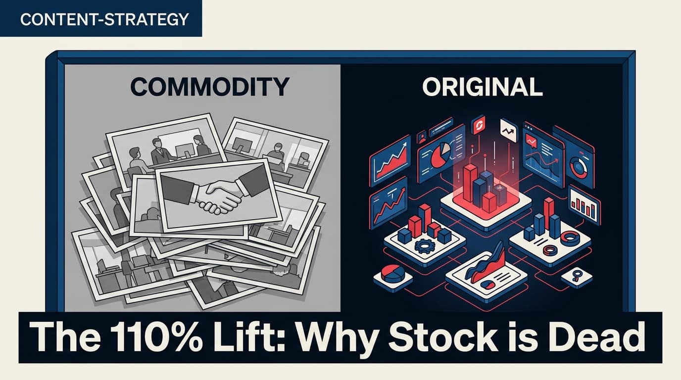 A comparison between generic stock photography and custom brand diagrams showing the superiority of original assets.