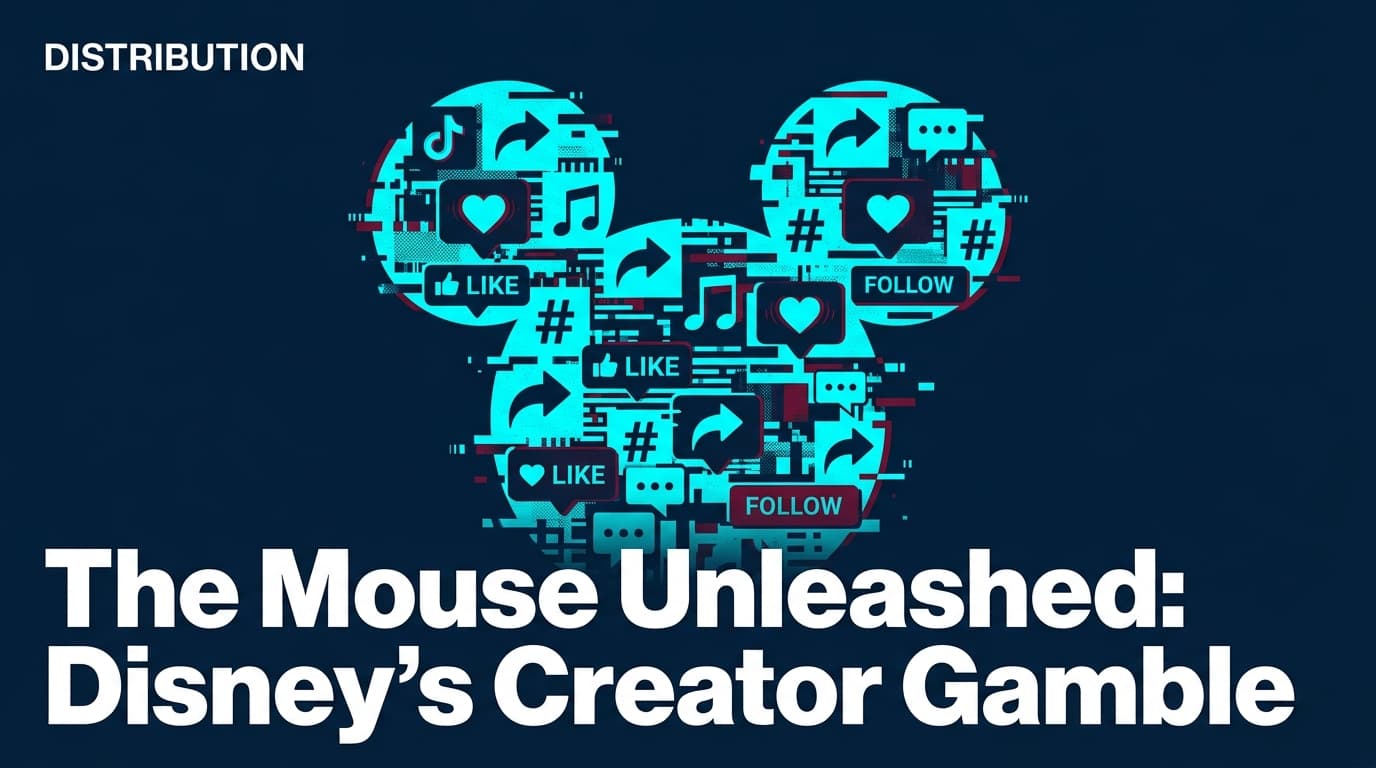 A conceptual illustration of a digital Mickey Mouse silhouette blending into social media interface elements.