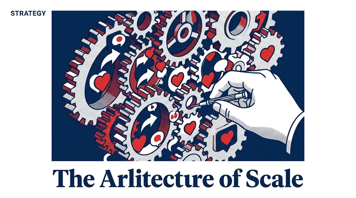 An artistic representation of social media icons as gears in a large machine, symbolizing enterprise scaling systems.