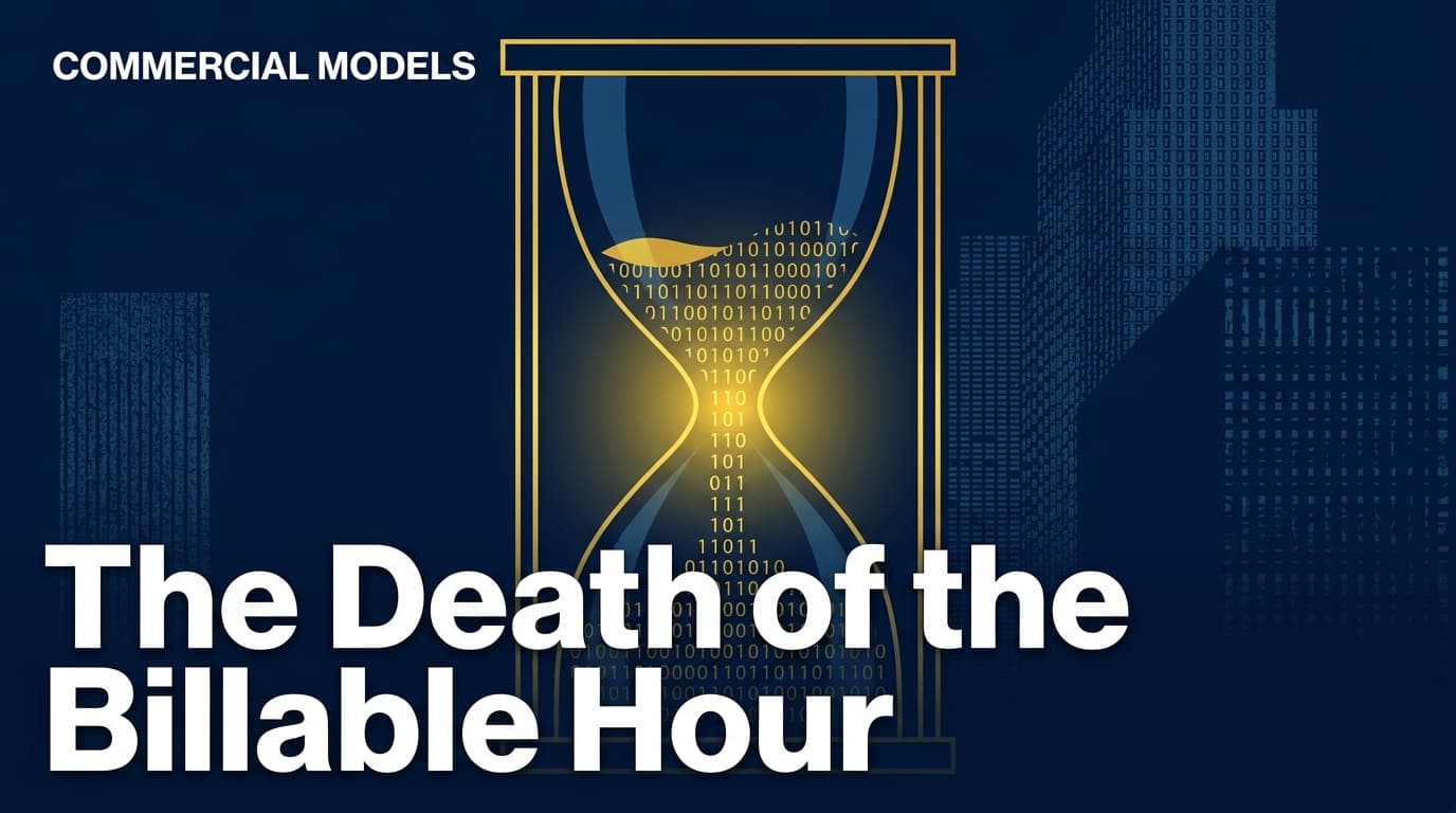 An hourglass with sand transforming into digital code, representing the shift from time-based to value-based billing.