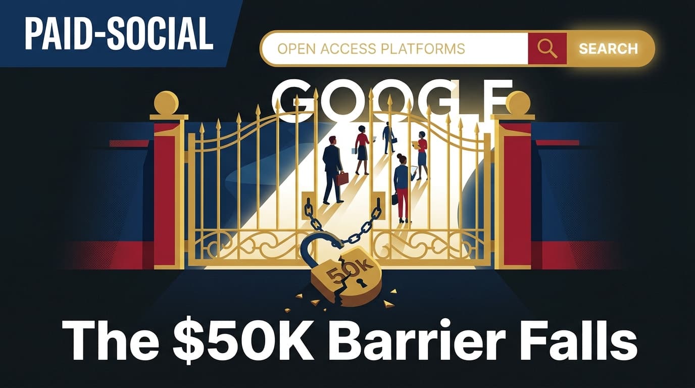 A broken $50,000 padlock on a gate in front of a Google search bar, symbolizing the removal of spend requirements.