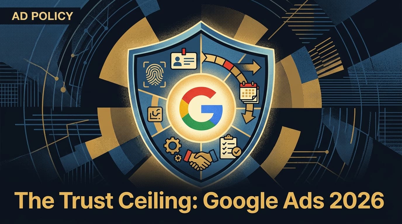A conceptual illustration of a digital shield representing Google Ads trust signals and account verification.
