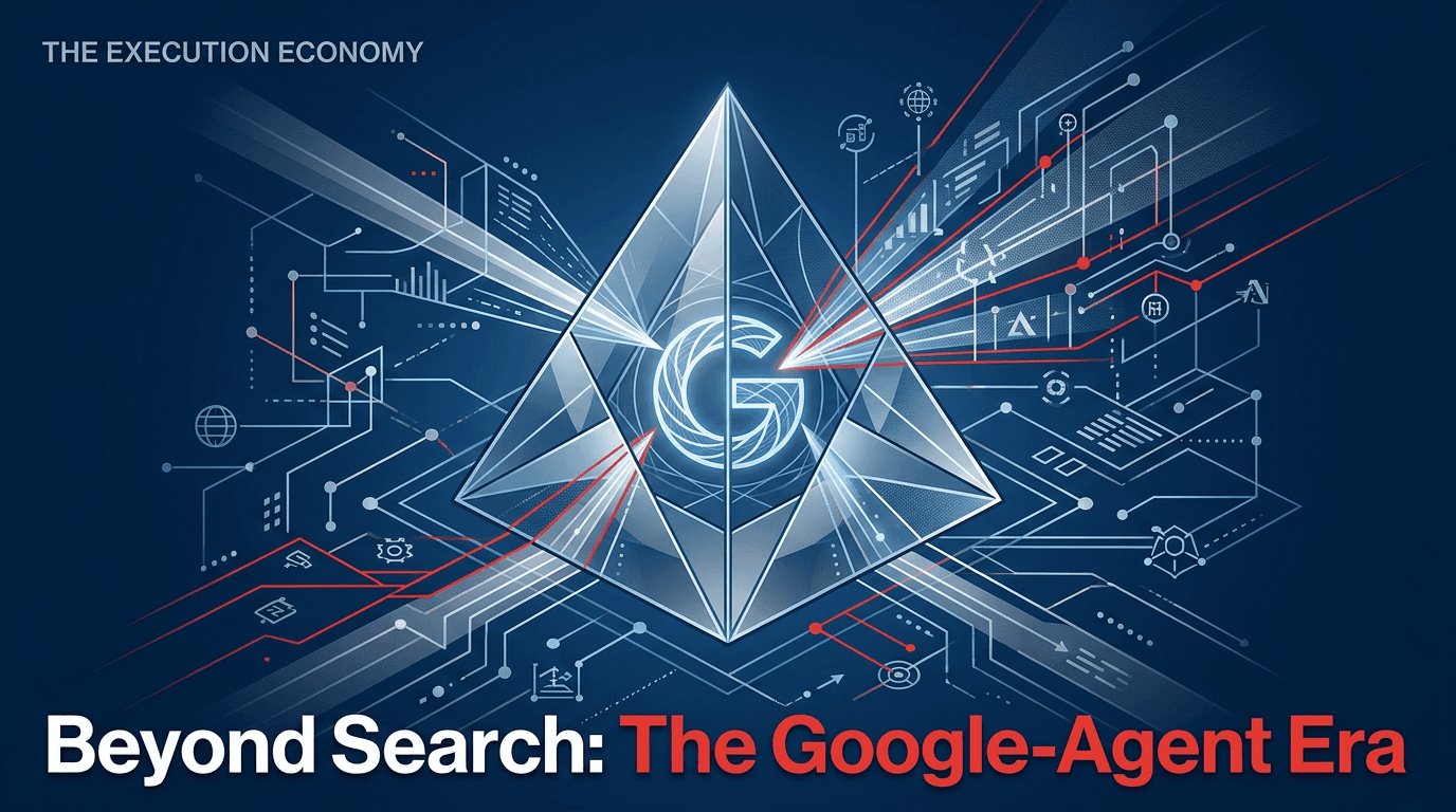 An editorial illustration representing the transition from traditional search to AI-driven agent actions.