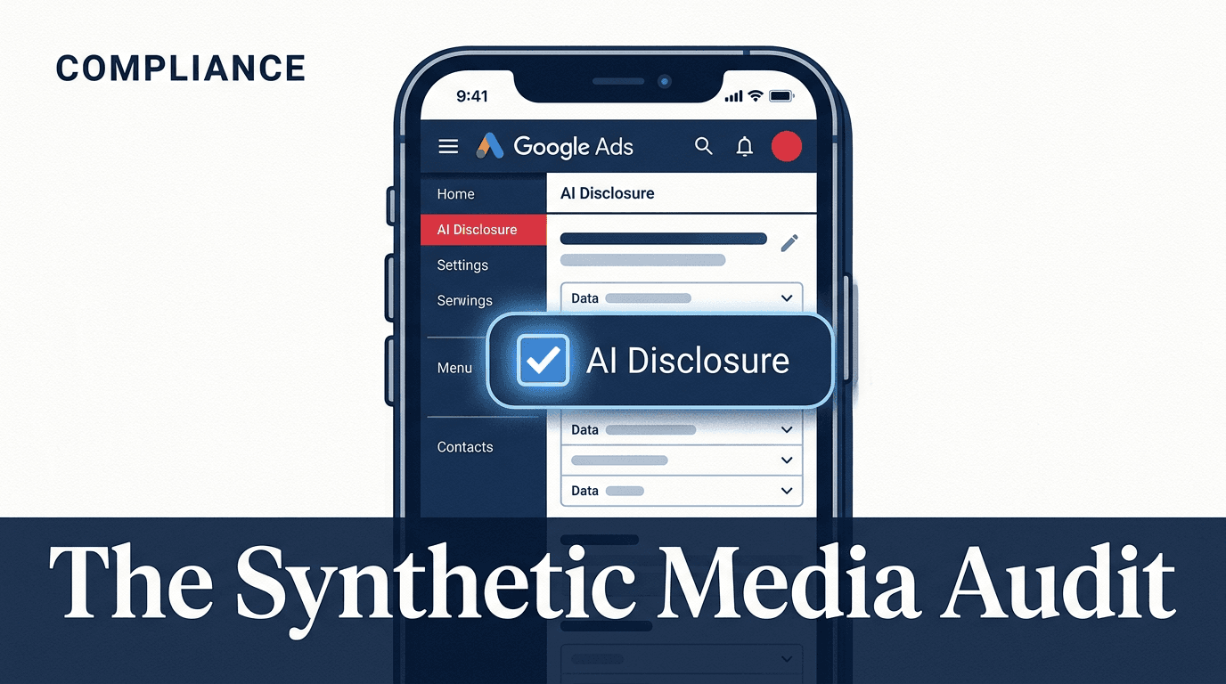 A smartphone showing a Google Ads interface with an AI disclosure toggle highlighted.