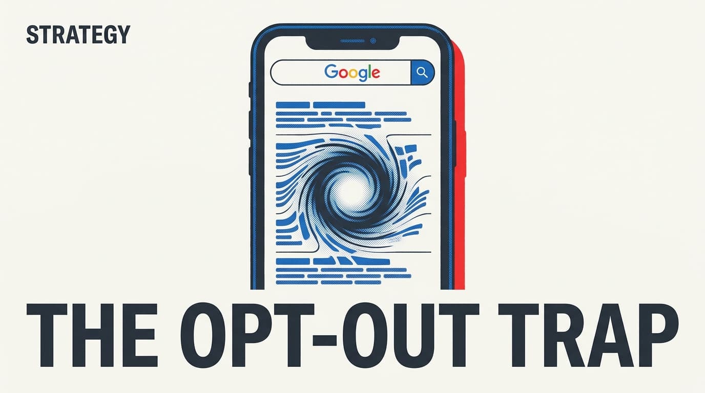 An editorial illustration showing search results being absorbed into a central AI interface on a smartphone screen.