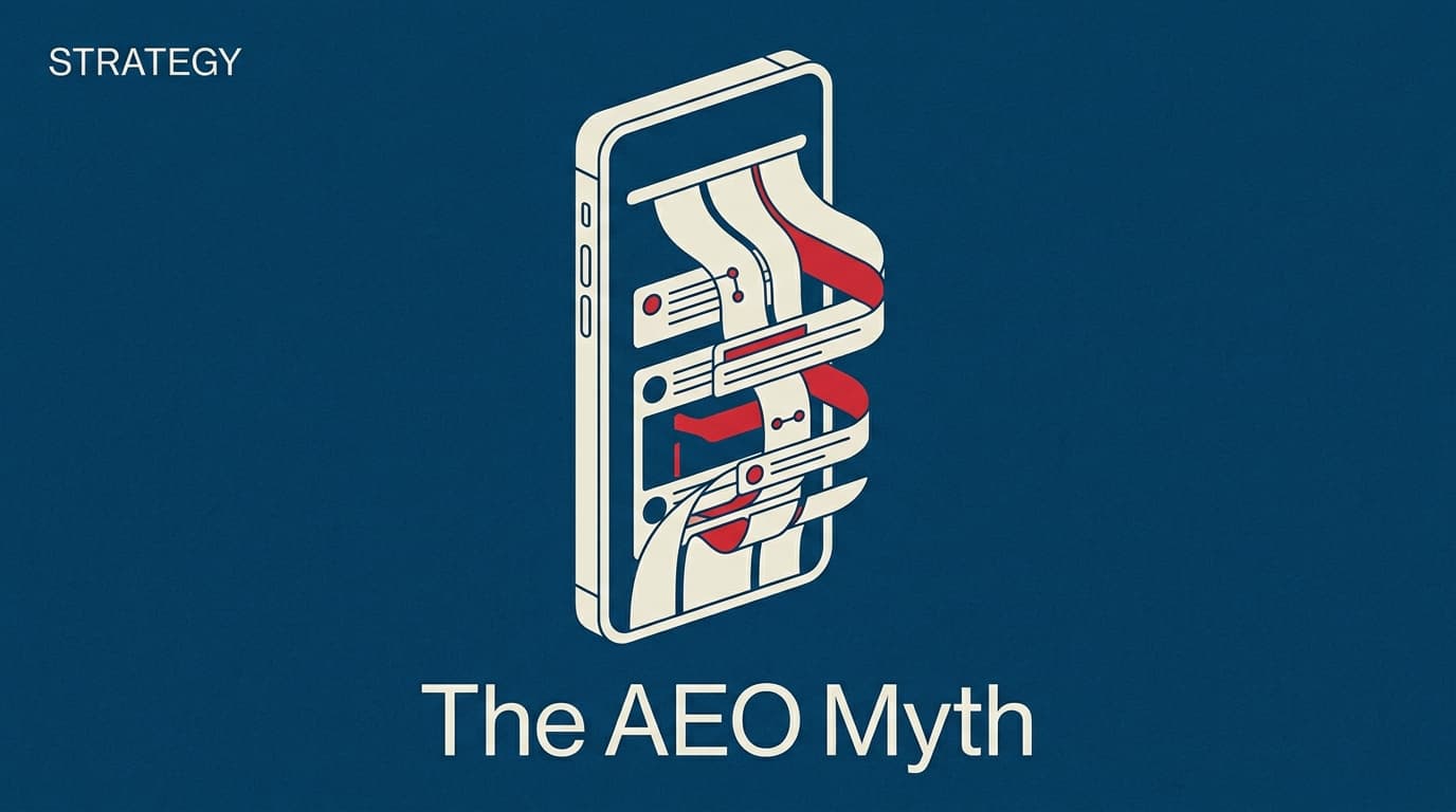 A stylized smartphone showing a holographic AI search interface with the text 'The AEO Myth'.