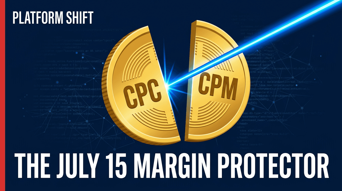 A 3D gold coin labeled CPC and CPM being split by a laser, representing the Google Demand Gen billing shift.