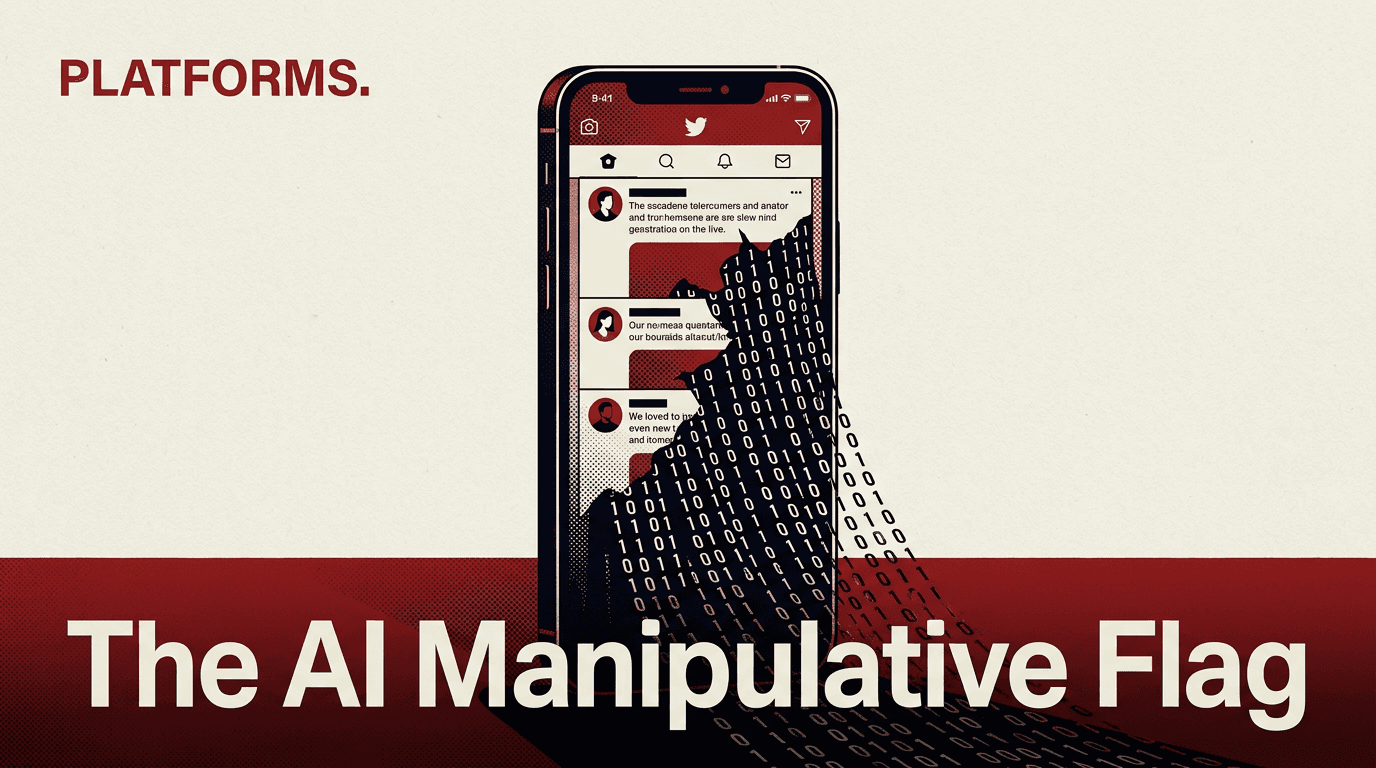 A smartphone showing a social feed turning into code, representing Google's AI spam detection.