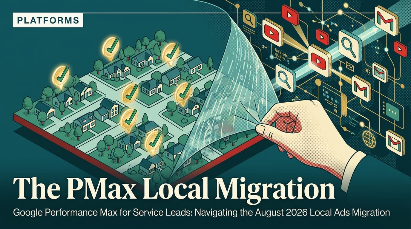 A conceptual illustration showing local service ads transitioning from a simple map view to a complex multi-platform network under Performance Max.