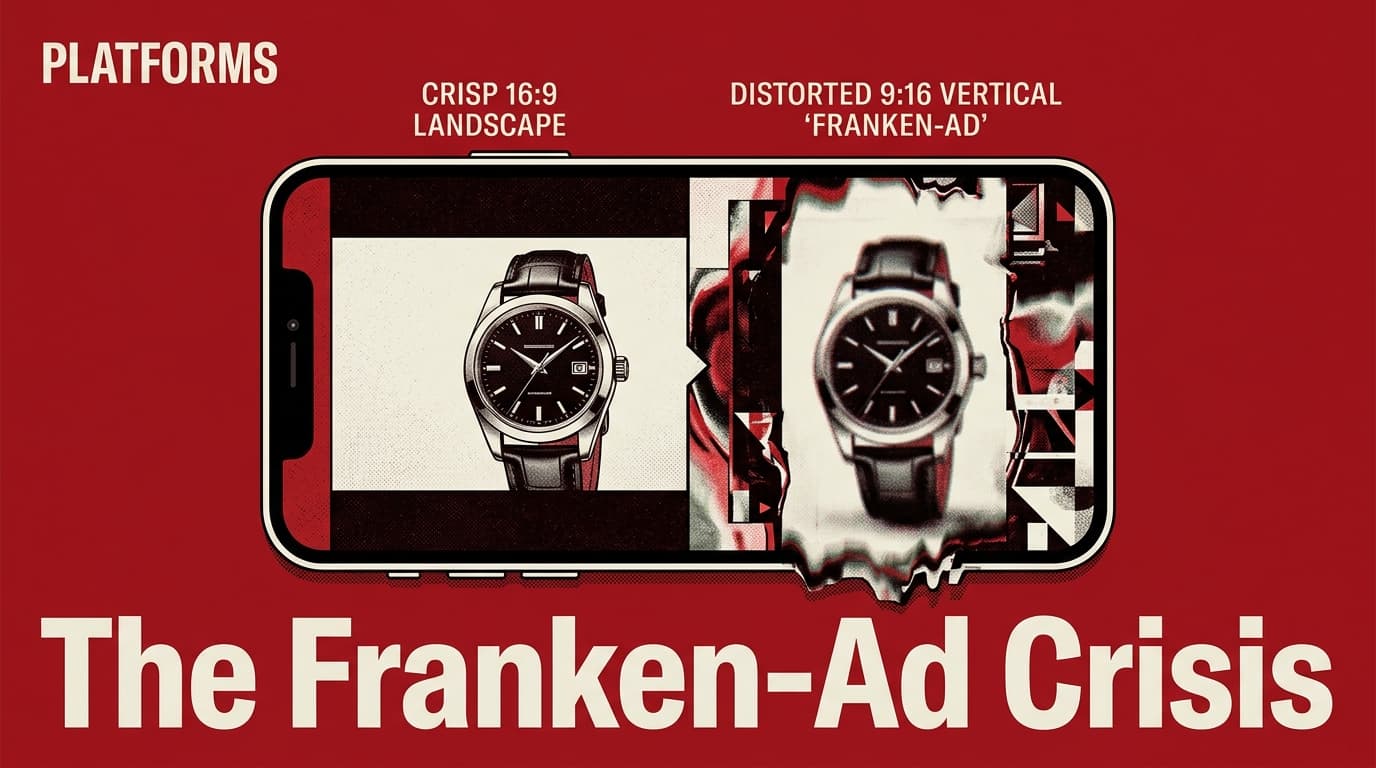 A comparison between a high-quality landscape ad and a distorted AI-generated vertical version on a smartphone screen.