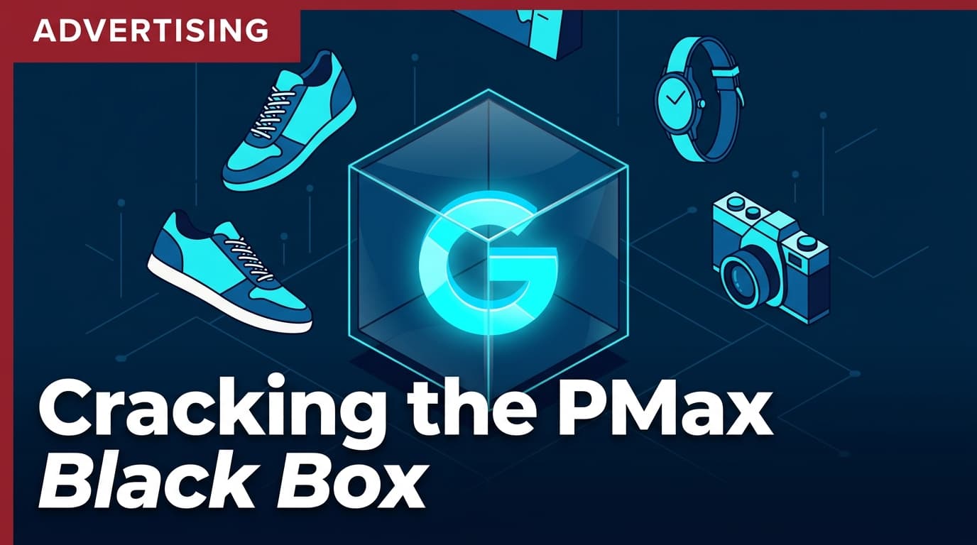 A stylized editorial illustration representing Google Performance Max as a transparent data cube with floating retail products.
