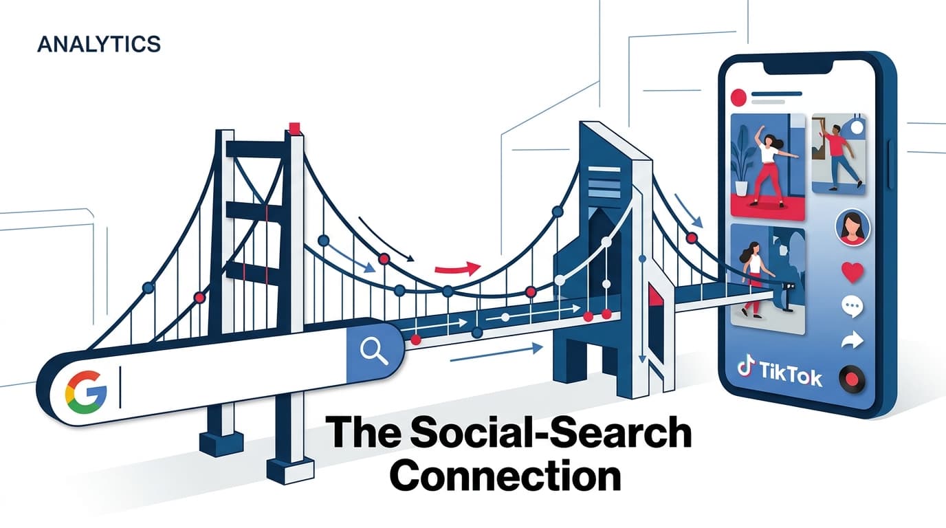 An editorial illustration showing the connection between Google Search and social media video platforms.