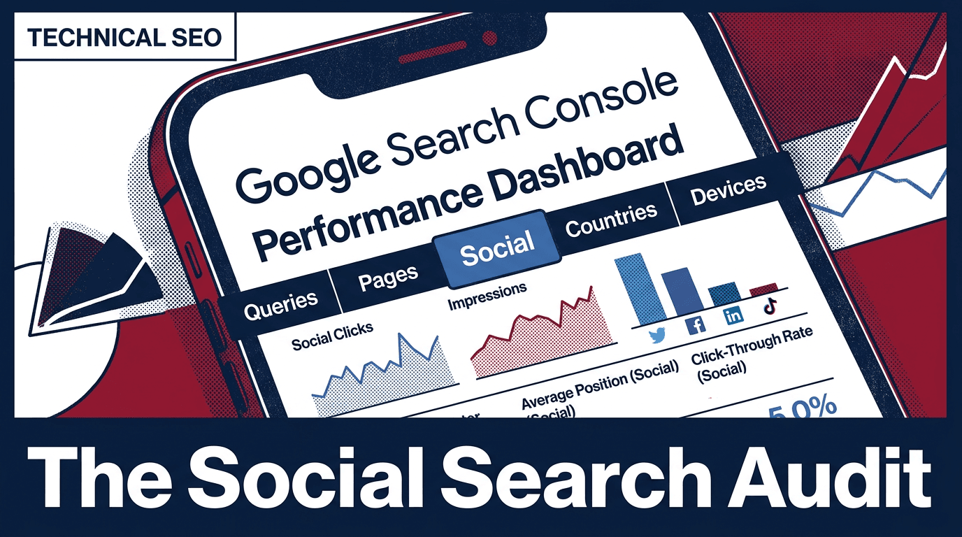 A professional illustration of a Google Search Console interface focusing on social media performance metrics.