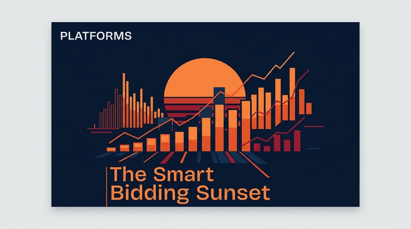 A conceptual illustration of a digital sunset representing the end of a Google bidding era.