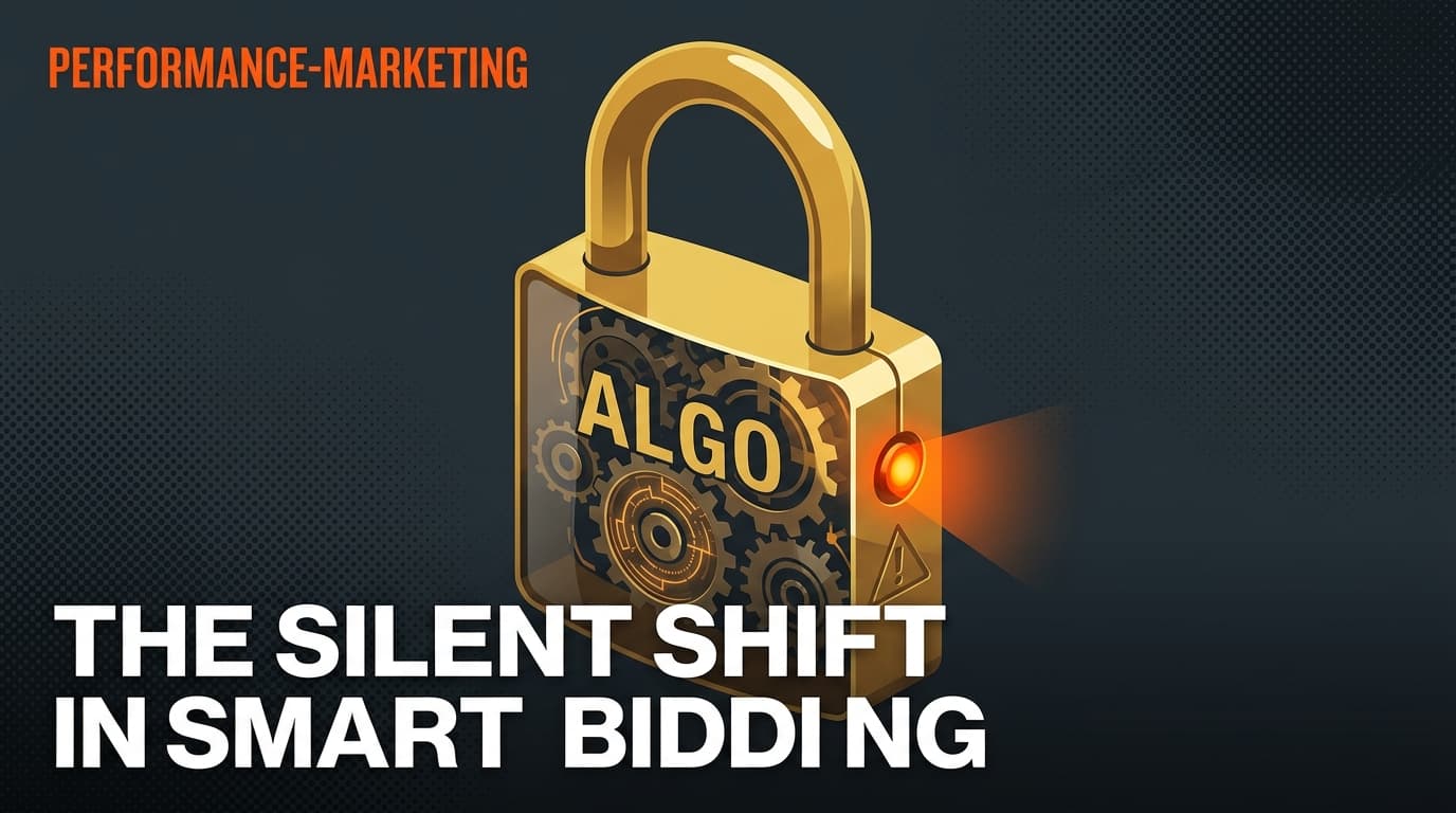A conceptual illustration of a golden lock representing Google's Smart Bidding with a red warning light.